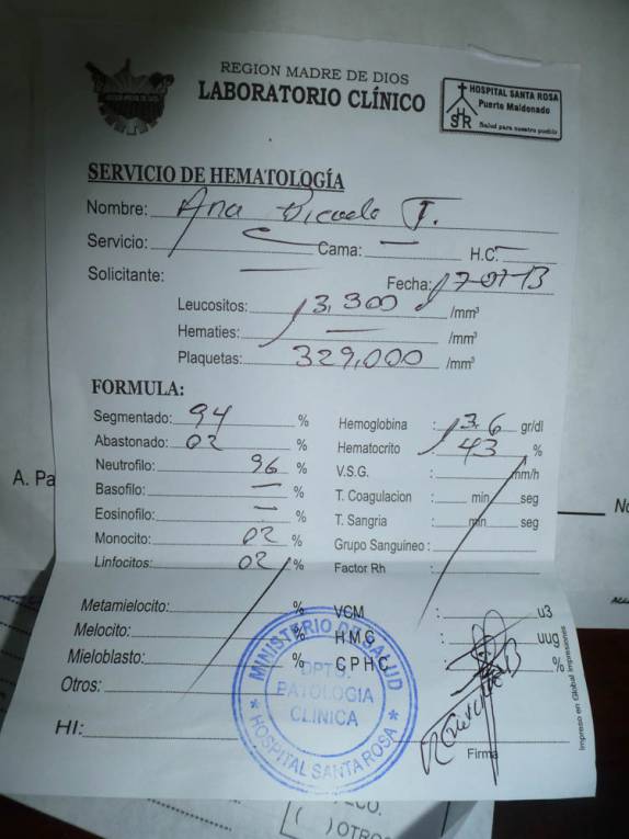 Um dos muitos exames feitos pela Ana durante sua estadia no hospital de Puerto Maldonado, no Peru